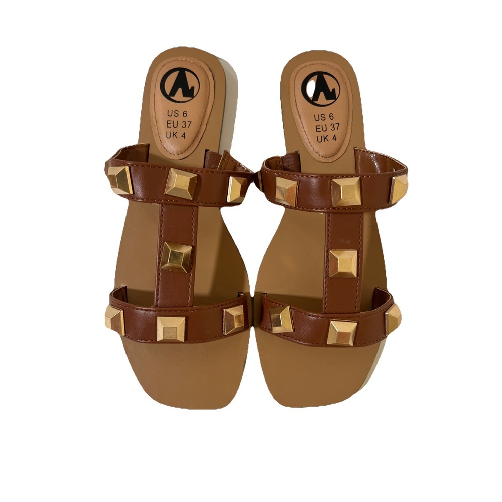 Slide Flat Cork Sandals Gold‎ Studs Women's Size 6